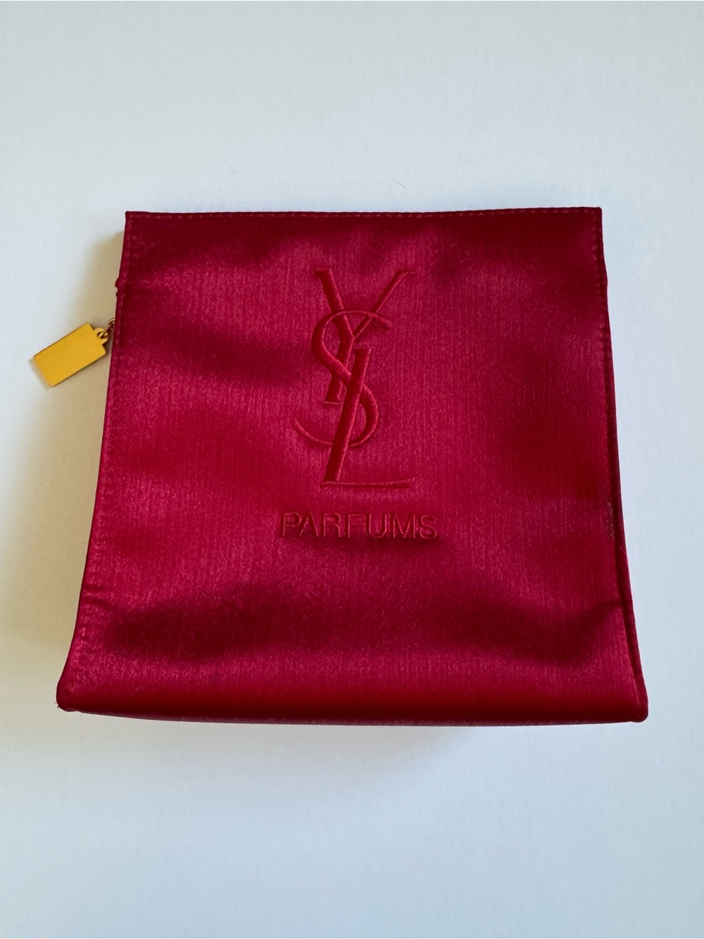 YSL Yves Saint Laurent Red Satin Cosmetic Pouch Bag with Gold Zipper